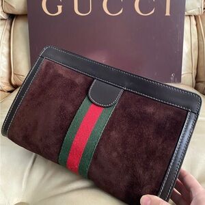 Sale! LKNW Vintage Gucci Clutch Bag Web Stripe Brown Suede & Leather Parfum GG